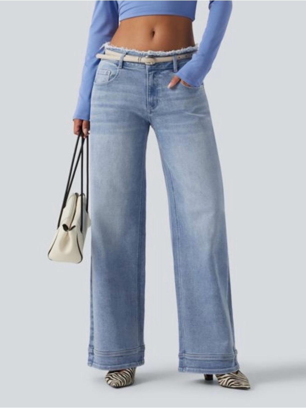Low Rise Raw Hem Wide Leg Casual Jeans with Pockets